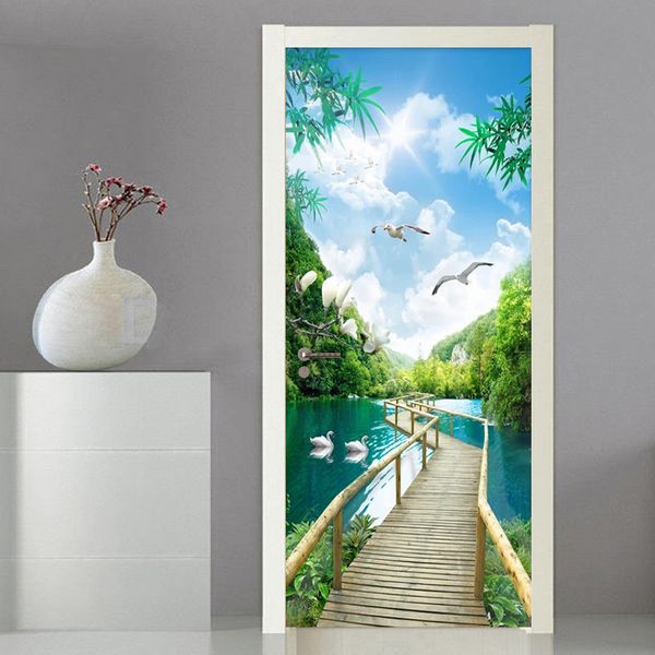 PVC auto-adhésif 3D porte papier peint nature paysage pont en bois photo murale porte autocollant salon décor à la maison autocollant 210317
