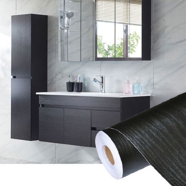 Rollo de papel tapiz autoadhesivo de PVC, impermeable, de madera negra, para muebles, puertas, armarios de escritorio, armario, papel de Contacto para pared 229y