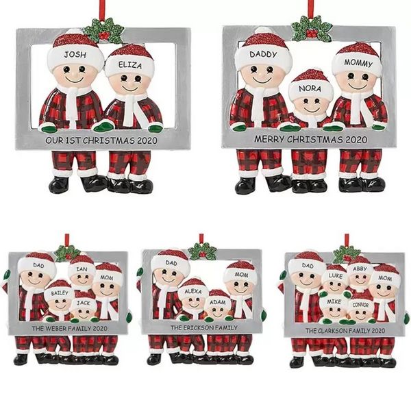 Décorations de Noël en caoutchouc souple PVC Ornement de famille de Noël mignon Pendentif Père Noël à carreaux rouges DIY Nom Cadre photo Ornements d'arbre de Noël Cadeaux WLY935