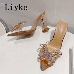 PVC transparante vrouwen Fashion Slippers voor Rhinestone Liyke Bowknot Summer Sandals Pointed Toe Clear High Heels Party Prom Shoes 240322 554