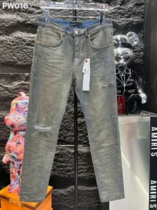 PW016 PAARS Hoge kwaliteit heren jeans Distressed Motorcycle biker jeans Rock Skinny Slim Gescheurde gatstreep Modieuze slangenborduurwerk Denim broek