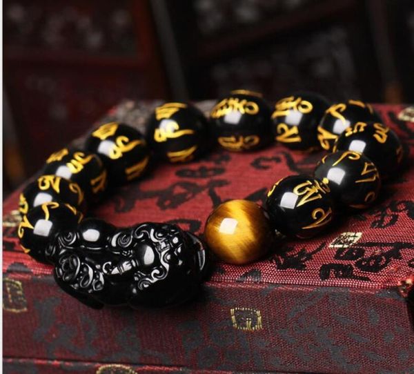 PX004 Natural Color Eye Obsidian Sixword Mantra Bracelets Black Stone Skull Religious Bracelet avec Black Stone Six Personnages Who9130735