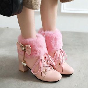 Pxelena Designer White Women Wedding Boots Sweet Lolita Princess Faux Parl Pearl Bowtie Hoge hakken Ankle Boots Lady Shoes Winter1