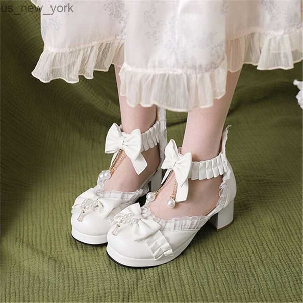 PXELENA coréenne belles femmes sandales de mariage chaîne perles volants nœud papillon Mary Janes Lolita chaussures princesse mariée blanc rose 43 L230518