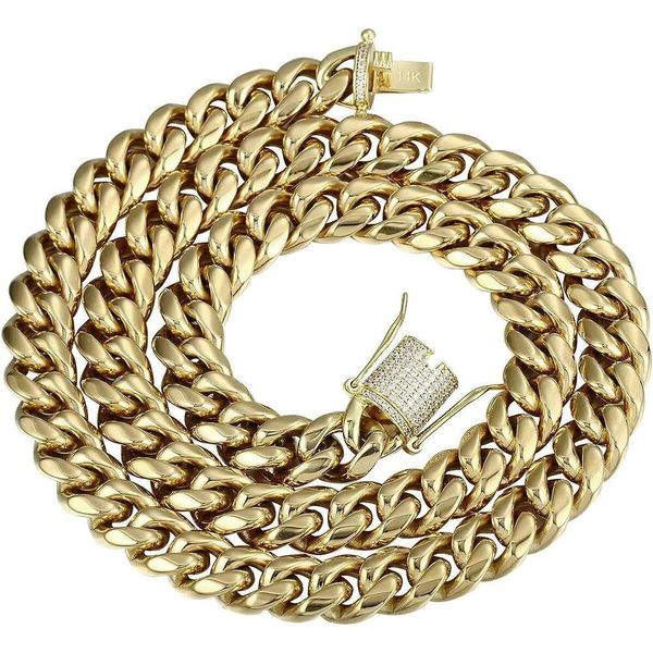 PY BLING Gargantilla de cadena de eslabones cubanos de Miami pesada chapada en oro de 14 quilates para hombre con cierre de diamante de laboratorio Collar de acero inoxidable Hip Hop de 8 mm a 16 mm de espesor