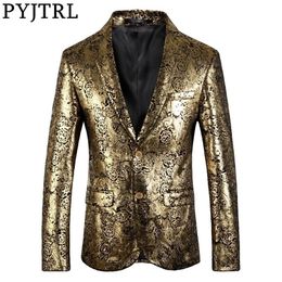 Pyjtrl Blazer Men Luxe Rose Gold Patroon Slim Fit Dress Blazers Party Prom Suit Jacks Singers Clothing 201104