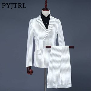 PYJTRL Brand Men's Set de dos piezas Trajes de vestido de rayas blancas Trajes de boda para hombres Tuxedo Gentle Modern Blazer Hombres Trajes X0909