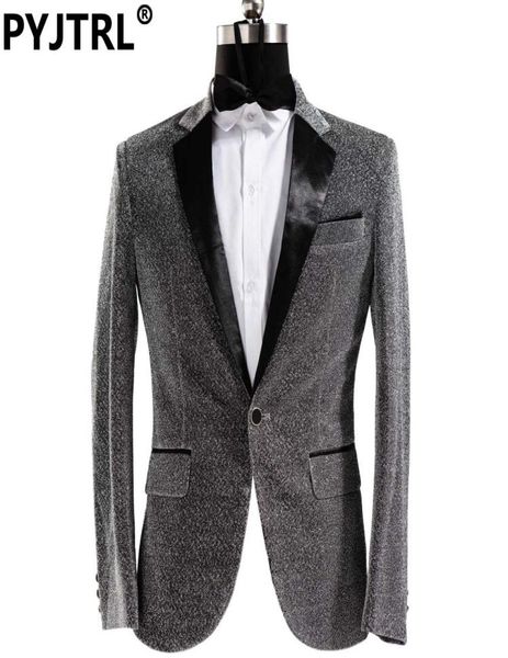 PYJTRL marque hommes brillant brillant noir gris scène chanteur Blazer Hombre décontracté Masculino Slim Fit mâle mode Costume veste Costume4656497