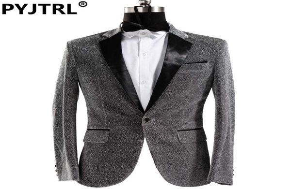 PYJTRL marque hommes brillant brillant noir gris scène chanteur Blazer Hombre décontracté Masculino Slim Fit mâle mode Costume veste Costume5447257