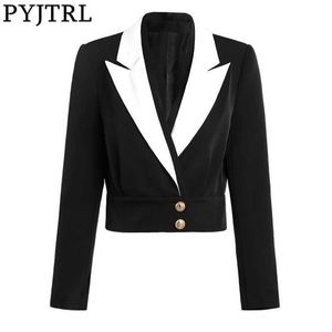 PYJTRL élégant Femme Style court noir blanc costume veste Socialite gracieux mode manteau Slim Fit femmes jolie pochette Femme X0721