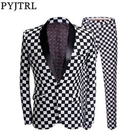 PYJTRL Mode Costume Hommes Noir Blanc Plaid Imprimer 2 Pièces Ensemble Châle Revers Costumes Conceptions De Mariage Stade Chanteur Slim Fit Costume 201106