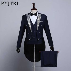 PYJTRL Homme Mode Noir Bleu Marine Blanc Floral Revers De Mariage Grooms Tailcoat Tuxedo Soirée Costumes Chanteurs Costume Hommes X0909