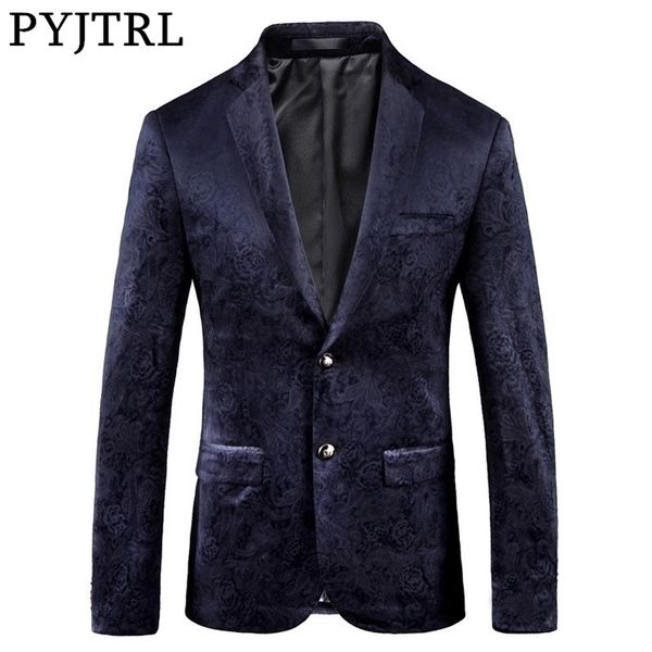 PYJTRL Mâle Rétro Vintage Bleu Marine Imprimé Floral Casual Velours Blazer Homme Design Casacas Hommes Manteau Slim Fit Costume Veste 201104