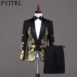 PYJTRL Mannen Mode Goud Borduren Pakken Wit Zwart Rood Prom Jurk Podium Zangers Kostuum Bruiloft Bruidegom Tuxedo Jas Met broek X0909