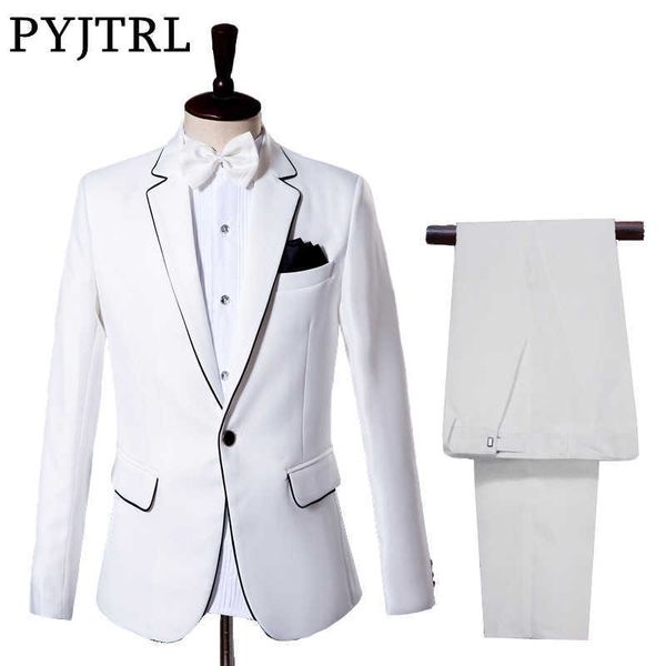 PYJTRL, trajes clásicos de color Beige y blanco para hombre, esmoquin para novio de boda, vestido de graduación, traje ajustado para caballero, ropa para cantantes de escenario X0909