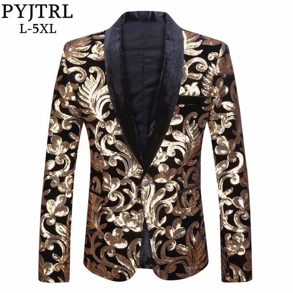 PYJTRL Hommes Châle Revers Blazer Designs Plus La Taille 5XL Noir Velours Or Fleurs Paillettes Costume Veste DJ Club Stade Chanteur Vêtements 201104