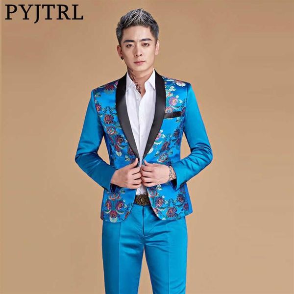PYJTRL hombres chal solapa estilo chino azul real oro rojo dragón estampado trajes últimos diseños de pantalones de abrigo traje de cantante de escenario X09260P