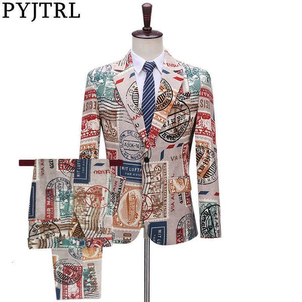 PYJTRL Hommes Vintage Deux Pièces Ensemble Costumes Amour Nouveau Papier Timbre Imprimer Night Club Chanteurs Prom Party Smoking Dernières Manteau Pantalon Designs X0608