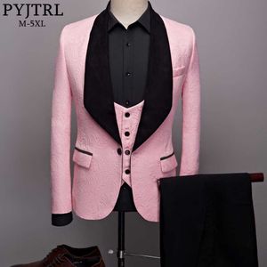 Pyjtrl Mens Mode Grote Sjaal Revers 3 Stuks Set Roze Rood Blauw Wit Zwart Bruiloft Bruidegom Pakken Kwaliteit Jacquard Banquet Tuxedo X0909
