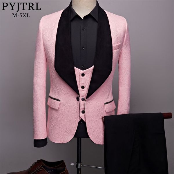 PYJTRL moda para hombre gran chal solapa 3 piezas conjunto rosa rojo azul blanco negro boda novio trajes calidad Jacquard banquete esmoquin 201106