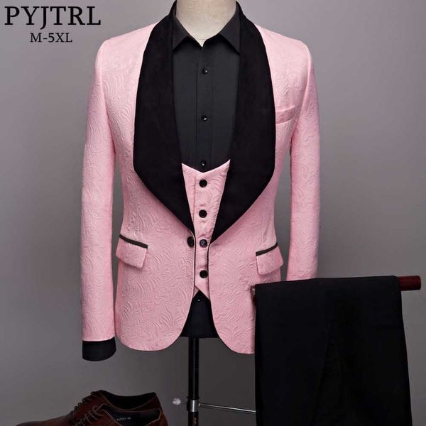 PYJTRL Moda Uomo Grande Scialle Risvolto 3 Pezzi Set Rosa Rosso Blu Bianco Nero Matrimonio Abiti da Sposo Qualità Jacquard Banchetto Smoking X0909