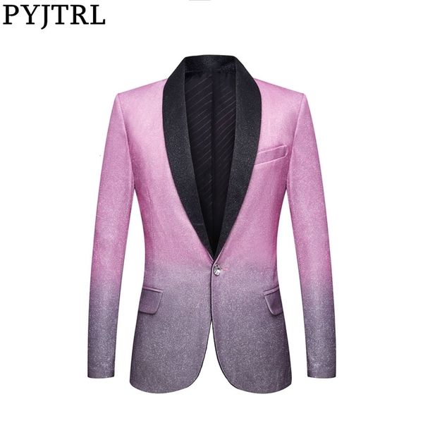 PYJTRL Hommes Mariage Groom Élégant Shalw Revers Dégradé Couleur Brillant Rose Gris Slim Fit Blazer Stage Singer Robe De Bal Costume Veste 201104