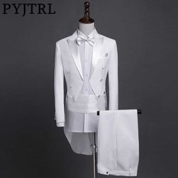 PYJTRL Nieuwe Plus Size S-4XL Mens Klassieke Zwart Wit Glanzende Revers Tail Coat Tuxedo Bruiloft Bruidegom Stage Singer Four Stuk Suit X0909