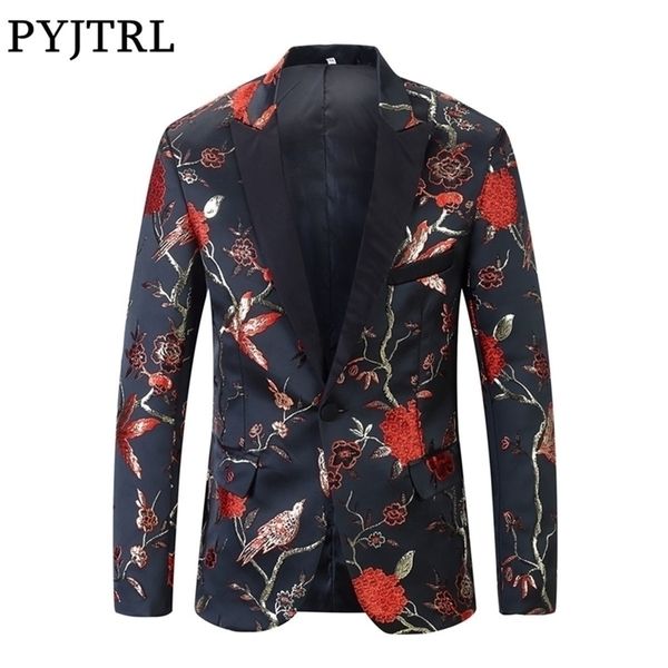 PYJTRL Rouge Or Bleu Vert Brocart Broderie Floral Oiseaux Motif Slim Fit Blazer Designs Hommes Costume Veste Stade Chanteur Porter 201104