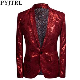 PYJTRL Nieuwe Tij Mannen Plus Size Glanzende Rode Roos Casual Blazer Ontwerpen Mode Zanger Kostuum Heren Blazers Slim Fit Pak jas304R