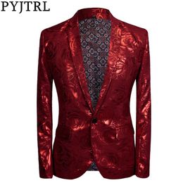 PYJTRL Nieuwe Tij Mannen Plus Size Glanzende Rode Roos Casual Blazer Ontwerpen Mode Zanger Kostuum Heren Blazers Slim Fit pak Jacket311g