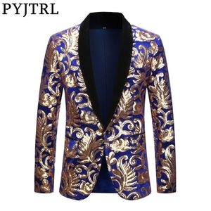 Pyjtrl -pailletten fluweel serie heren mode sjaal reverse pailletten royale blauw fluwelen slanke fit blazer podium zanger pak jas 201104