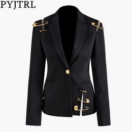 Pyjtrl Dames Lente Herfst Zwart Holle Pin Spliced ​​Jacket Fashion Lange Mouw Jas 211014