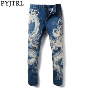 Pyjtrl Young Mens Fashion Chinese stijl Dragon Patroon Skinny Jeans Men Hip Hop Roupas Streetwear Black Blue Denim Pants 201111