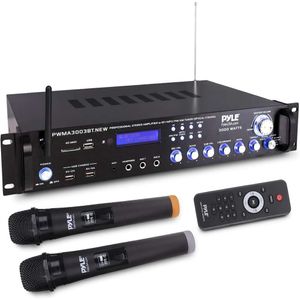 Pyle Bluetooth Home Audio Amplificador de alimentación de 3000W receptor estéreo con selector de altavoces, radio FM, USB, toma de auriculares, 2 micrófonos inalámbricos para karaoke