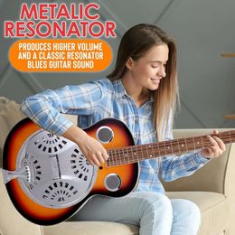 Pyle Resophonic Resonator Guitarra eléctrica acústica 6 cuerdas Reducir cuello redondo Sunburst de caoba Resonador tradicional con preamplificador, estuche, bolsa, correa, cuerda de acero incorporada