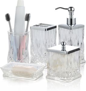 PYZX-HOME Glazen badkameraccessoireset - Luxe 5-delige set inclusief lotiondispenser, zeepbakje, tandenborstelhouder, beker, wattenschijfjespotten, moderne badkamerdecoratie