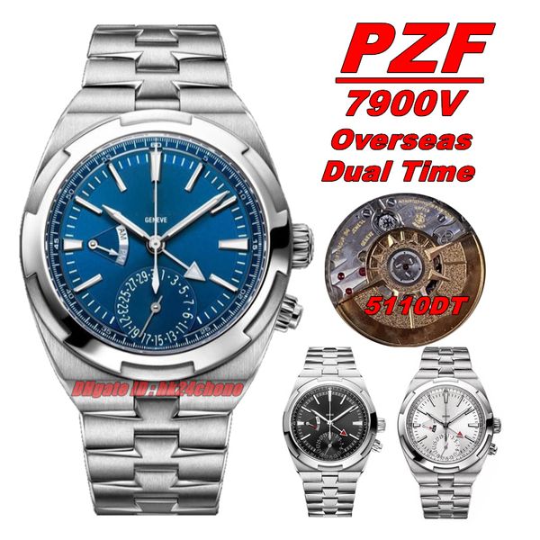 PZ Factory Watches PZF 7900V 41MM Overseas Dual Time Cal.5110DT Reloj automático para hombre Dial azul Pulsera de acero inoxidable Relojes de pulsera para caballero