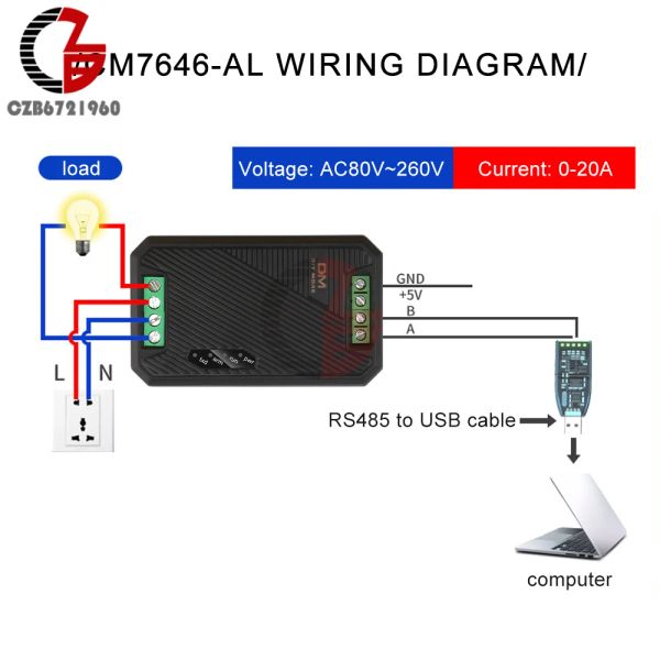 PZEM-017 AC 80-260V Voltímetro Amperméter 220V UART a RS485 Voltaje MODBUS Corriente de energía Medidor de energía eléctrica Medidor de vatio eléctrico 20A 100A