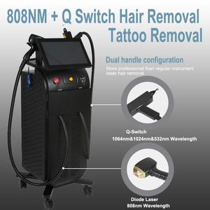 Q-switch nd yag laser tattoo verwijderingsmachine diode 808nm ontharing huid verjonging schoonheidsuitrusting 2 handgrepen