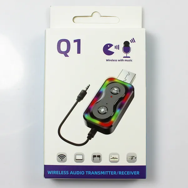 Q1 Adaptador Bluetooth Inalámbrico 2 en 1 Adaptadores de audio HD Calidad de sonido Transmisor de datos de video Receptor 20M Señal Adaptador USB con luz colorida