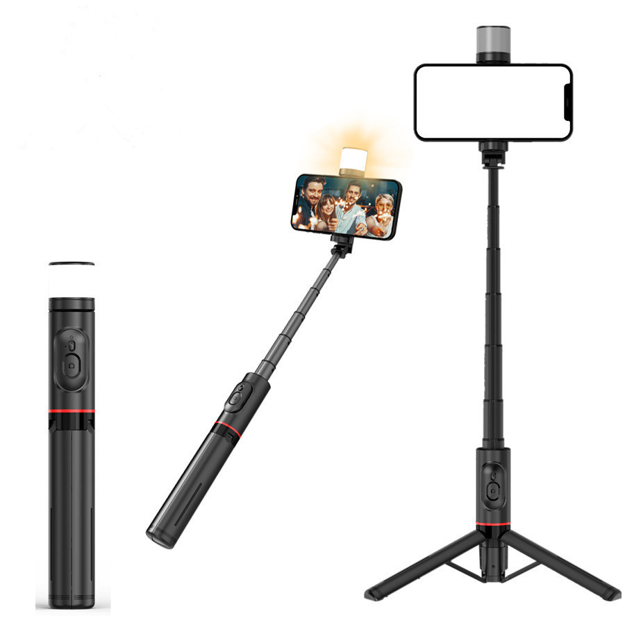 Q12s Ny bärbar trådlös Bluetooth -telefon Teleskopisk selfie stick stativ med fyllningsljus för Huawei iPhone Android