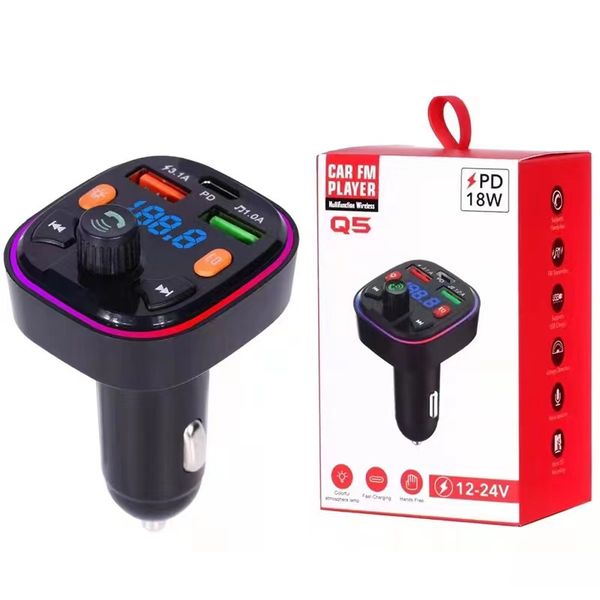 Chargeur de voiture Q5 LED LED Backlit Bluetooth 5.0 Chargeur FM Transmettre une voiture MP3 TF / U Player de disque Handsfree Kit Adaptateur Double USB PD Type C Chargeur rapide avec boîte de vente au détail