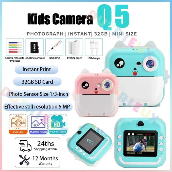 Q5 Kids Camera Instant Print Po Mini Caméra vidéo numérique pour les enfants Imprimé papier thermique 32G TF Carte éducative Toys Gift 240327