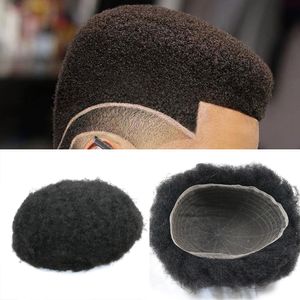 Q6 en kant Basis Braziliaans Maagdelijk Menselijk Haar 4mm Afro Curl Toupee 10x8 inch voor zwarte mannen met natuurlijke haarlijnhaarsysteem # 1
