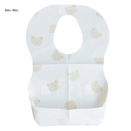 Q81A – lot de 50 bavoirs jetables pour bébés, imprimé ours de dessin animé, avec poche, serviette de salive hautement absorbante, 240102