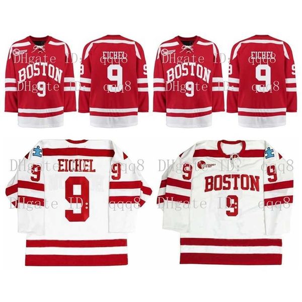 q888 9 Jack Eichel Jersey SIGNED University Jersey 9 Jack Eichel Rouge Blanc Couture Chandails De Hockey Personnalisés