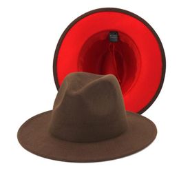 Qbhat Coffee Red Patchwork Men Feel Jazz Fedoras Women Church Hats brim damespaar Panama Wool Fedora hoeden met riem7248370