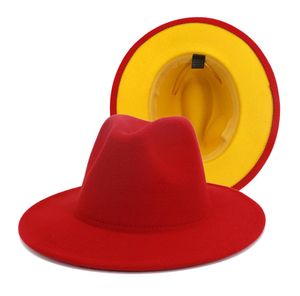 Qbhat Red Yellow Patchwork Wool Felt Panama Fedora Wide Brim Hat Flat Brim Top Jazz Cap pour femmes femmes hommes Men Casual Church Hat7299918