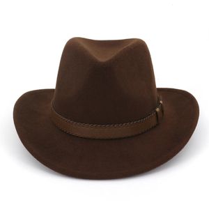 QBhat Wide Brim Wool Felt Cowboy Fedora Chapeaux avec un groupe de cuir brun foncé Femmes Men Classic Party Cap Formal Cap Hat en gros 240410