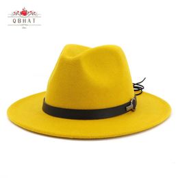 Qbhat femmes hommes larges rond laine en feutre jazz fedora chapeaux panama cowboy trilby fête robe formelle chapeau grande taille jaune blanc 240410